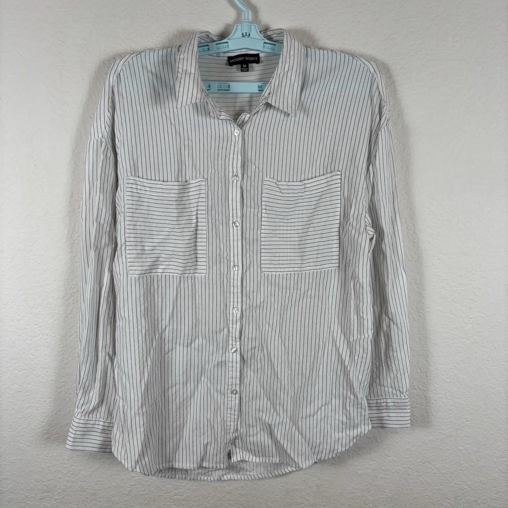 Modern Works Womens Button Up Shirt Sz M Medium Long Sleeve Striped Excellent